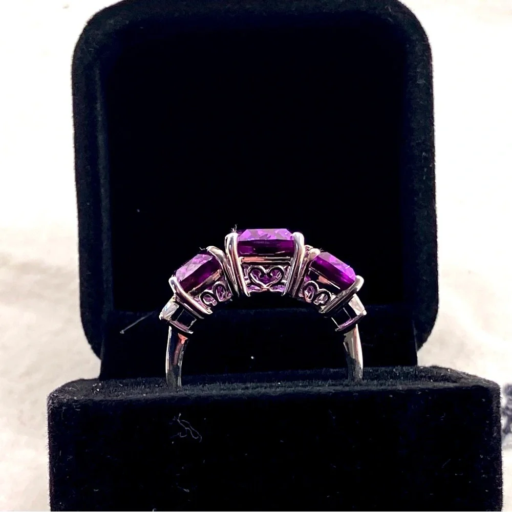 Huge Color Change Lab Sapphire Trilogy Cocktail Ring. Platinum over Sterling - Picture 15 of 16